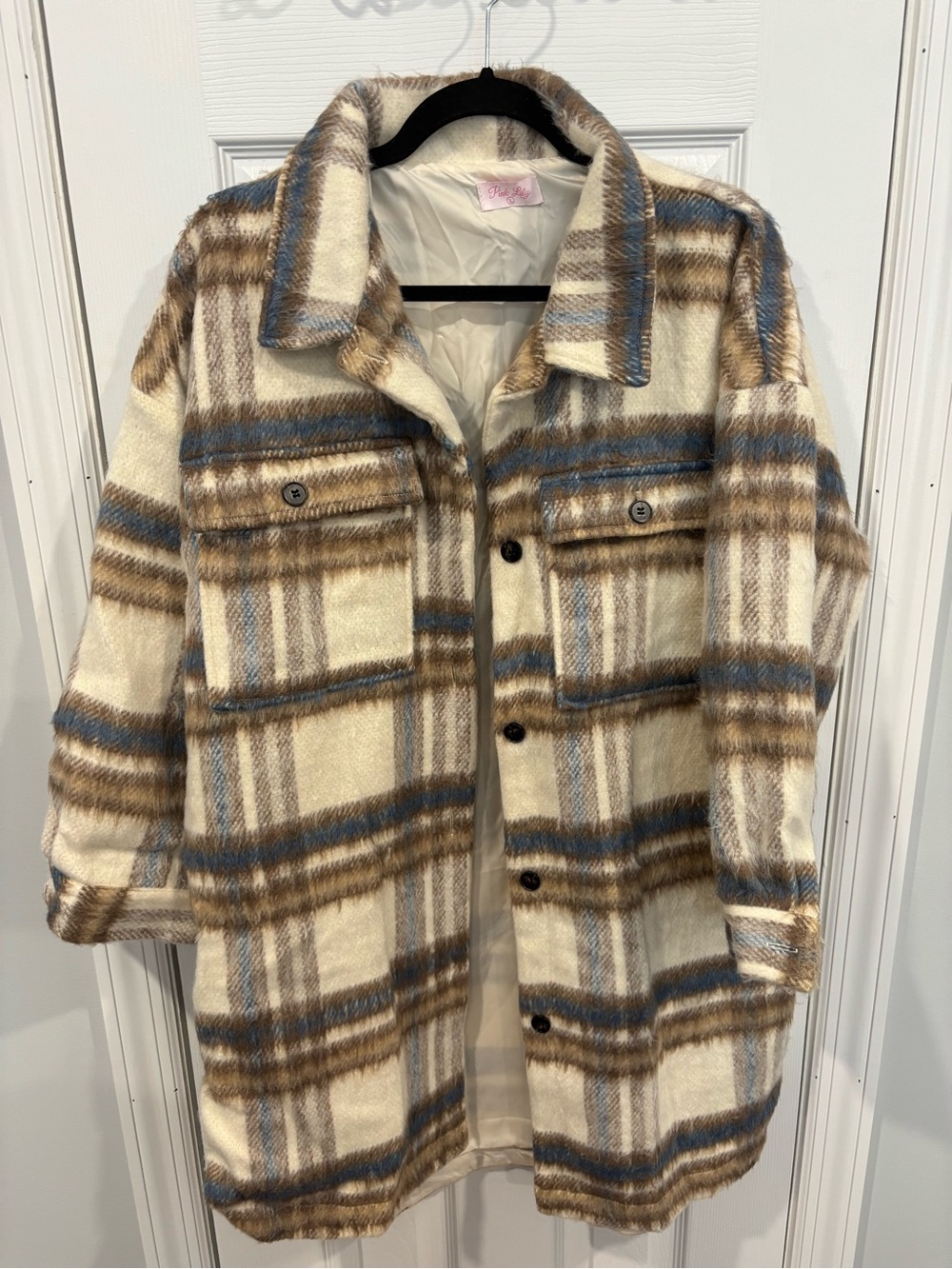 Pink Lily Plaid Shacket Coat in Cream and Brown with Blue Accents